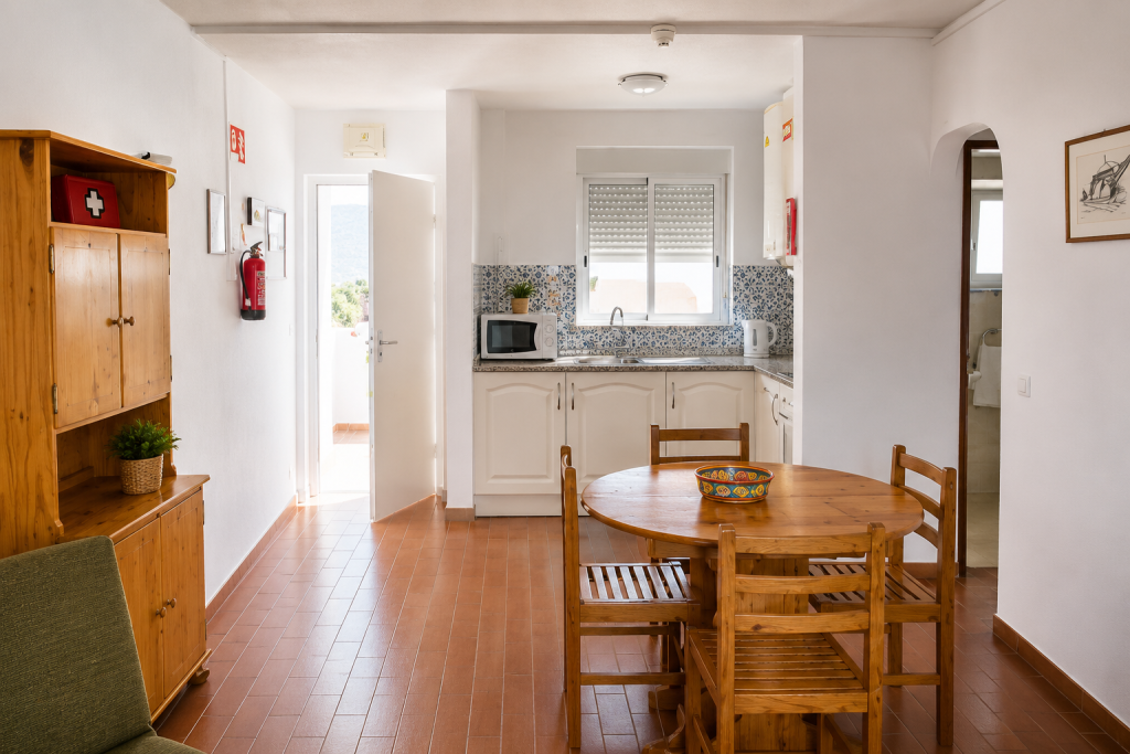 Cozinha e zona de refeições do apartamento T1 Vista Mar em Salema Cozinha e zona de refeições do apartamento T1 Vista Mar em Salema
